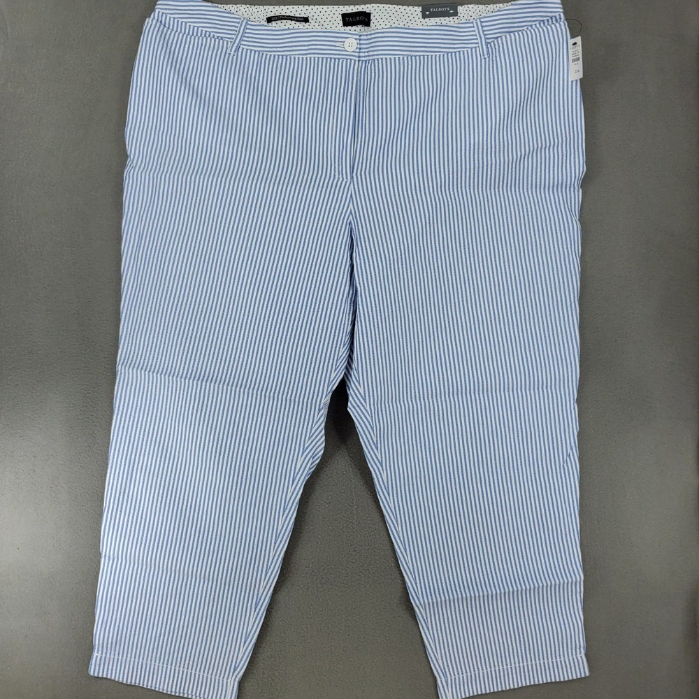 Talbots Perfect Crop Pant Womens 22W Blue White Striped Seersucker NEW
